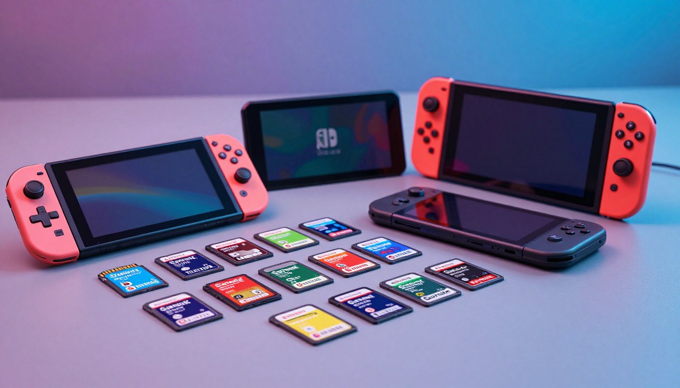 Samsung and SanDisk cards arranged beside handheld gaming devices