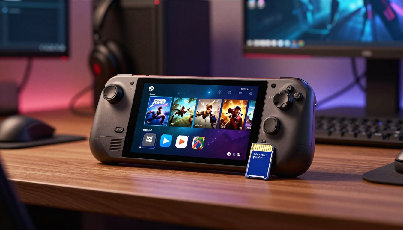 Steam Deck handheld beside a microSD card for game expansion